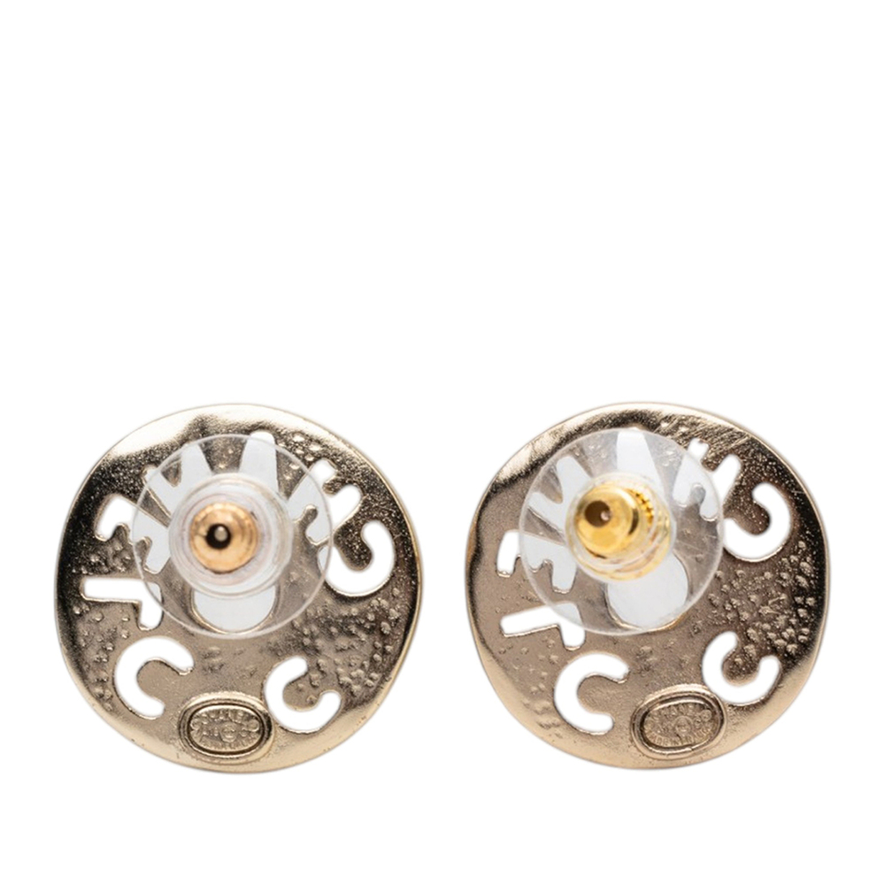 Pre-Loved Chanel Gold Plated Strass Faux Pearl Coco Logo Disc Pushback Earrings - Picture 2 of 4